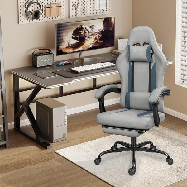 Fabric Gaming Chair with Footrest, Height Adjustable